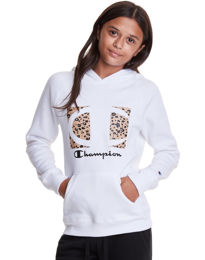 Champion Fleece Raglan Leopard Knockout Logo Kiz Çocuk Kapşonlu Sweatshirt Beyaz ( IKMZJN153 )